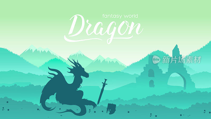 Ancient dragon sits majestically on field of battle among its treasures concept. Creatures in fantasy worlds vector illustration design. Nature landscape